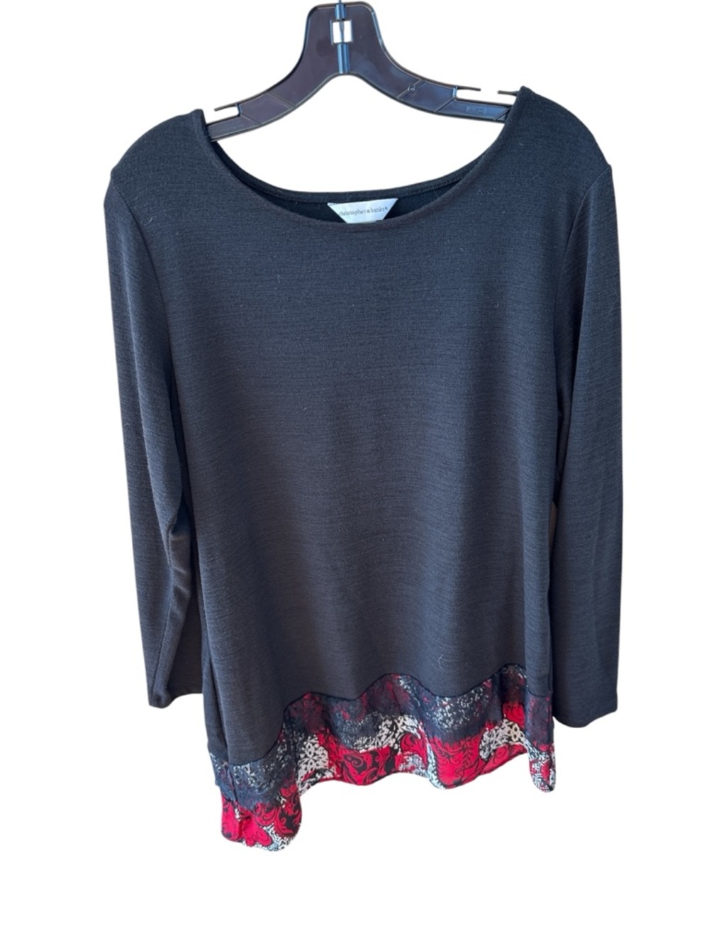 Christopher & Banks Black Long Sleeve Asymmetrical Top with Red Floral Hem